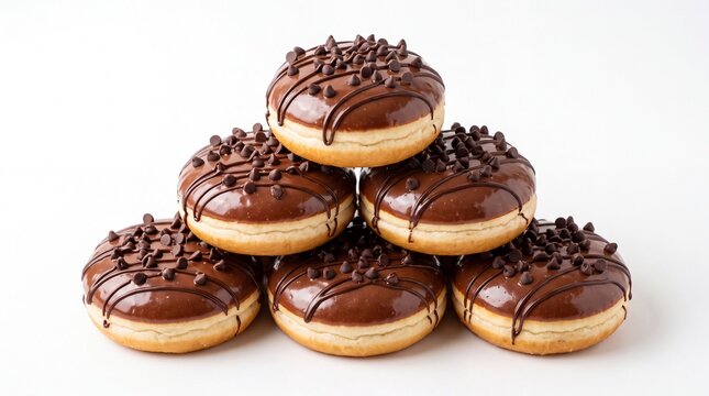 Stacked chocolate glazed donuts topped with crunchy chips arranged in pyramid formation on white background