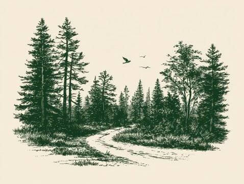 Vintage engraving style illustration of a forest path with tall pine trees and birds flying