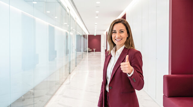 Confident female executive wearing burgundy business suit standing inside modern corporate office hallway showing thumbs up gesture smiling looking at camera