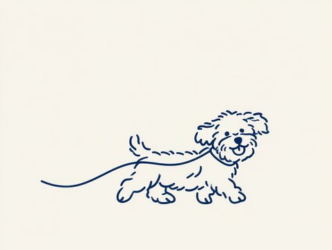 Handdrawn sketch of a cute fluffy puppy walking on a leash, doodle style illustration