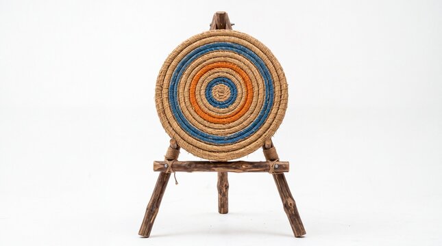 Traditional woven straw archery target mounted on a rustic wooden stand displayed on white background