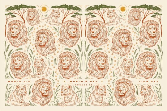 Lion day featuring multiple lion heads and full body lions in a savanna landscape with acacia trees and sun on beige paper