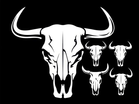 Set of bull skulls, vector illustration of steer skulls, western style, cow skull icons, bull head silhouette, animal skeleton, cattle skull, vector art
