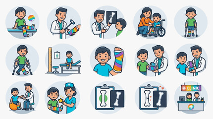 Fototapeta premium Minimalist Illustrations of Pediatric Orthopedic Clinic Visits with Colorful Casts and Medical Equipment