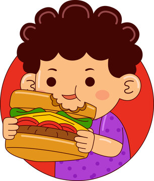 Cartoon Illustration of Boy Eating Sandwich