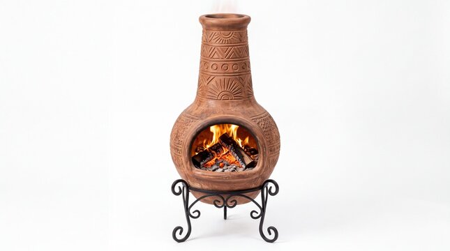 Traditional terracotta chiminea heater with burning logs featuring intricate stamped patterns standing on white background