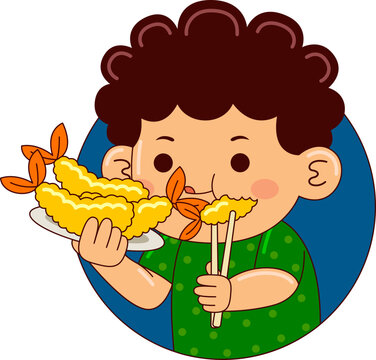 Cartoon Illustration of Child Eating Japan Food
