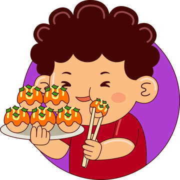 Cartoon Illustration of Child Eating Japan Food