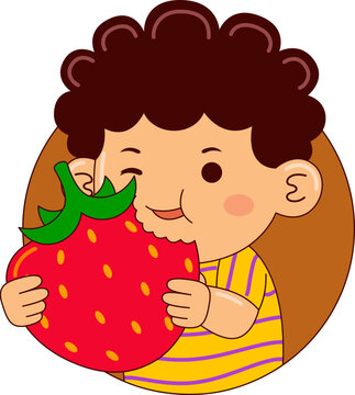 Cartoon Illustration of Child Eating Fresh Fruit