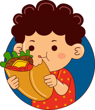 Cartoon Illustration of Child Eating Fresh Fruit