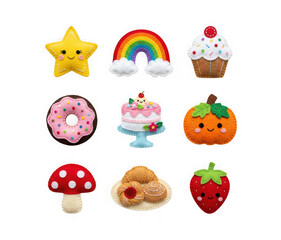 Fototapeta premium Set of cute felt craft patches including food and nature icons isolated on transparent background