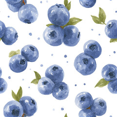 Fototapeta premium Watercolor seamless pattern with plump blueberries and green leaves, creating fresh and natural feeling design