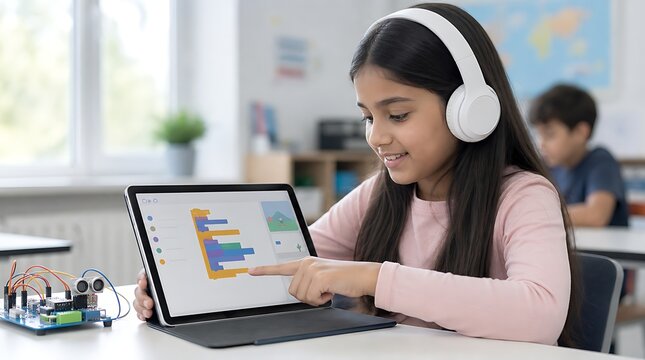 Schoolgirl wearing white headphones pointing at coding app on tablet during stem robotics lesson in classroom, early tech education concept