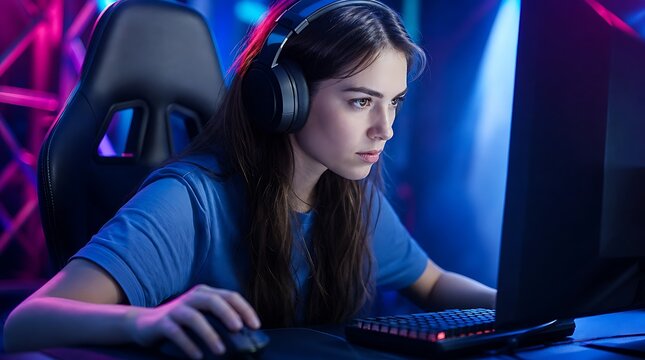 Focused female esports gamer wearing headphones playing computer video game in neon lighted room, competitive gaming concept