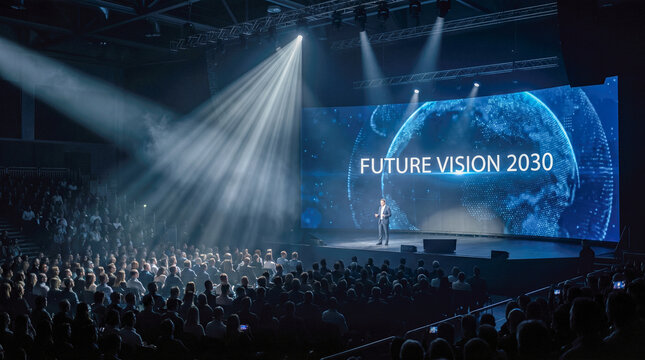 Professional male speaker delivering corporate business presentation inside large dark auditorium featuring massive screen displaying glowing digital globe reading future vision 2030