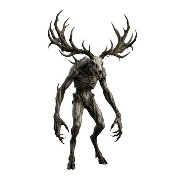 Fantasy monster creature with deer skull head isolated on transparent background