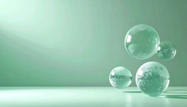 Abstract 3D Glassmorphism Background with Sage Green Glass Spheres and Copy Space