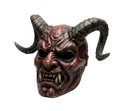 Demonic horned devil mask with sharp teeth isolated on transparent background