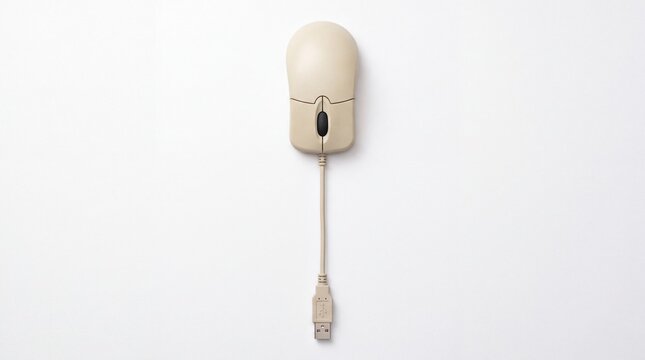 Retro beige computer mouse with wired connection viewed from directly above sitting isolated on white background