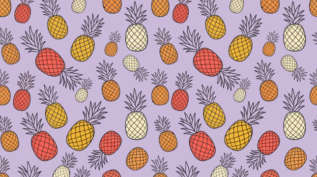 Seamless pattern of colorful hand drawn pineapples on purple