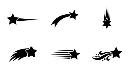 Fototapeta premium 70 Set of Six Black Shooting Star Icons, Vector Graphics for Celestial and Cosmic Designs, Dynamic Starburst Elements for Space and Fantasy 100