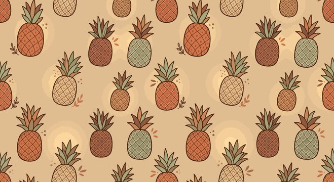 Hand-drawn pineapple fruit seamless pattern on beige.