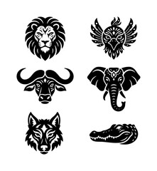 Fototapeta premium 70 African Wildlife Vector Icons Set: Majestic Lion, Elephant, Buffalo, Eagle, Wolf, and Crocodile Silhouettes for Tribal and Safari Designs 100