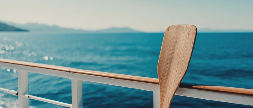 Wooden paddle resting on a boat by the sea.