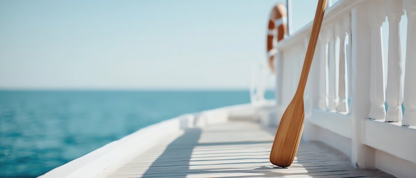 Wooden paddle resting on a boat beside the sea.