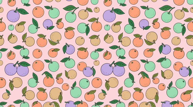 Cute hand drawn peach plum seamless pattern background.