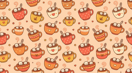 Fototapeta premium Cozy marshmallow cocoa pattern peach background.