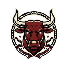 Fototapeta premium Angry bull mascot with horns and western revolvers.