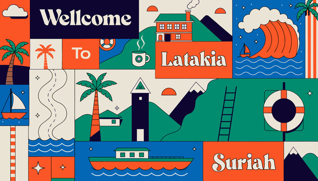 Welcome to Latakia, Suriah: Coastal City Collage with Tropical Vibes and Nautical Elements