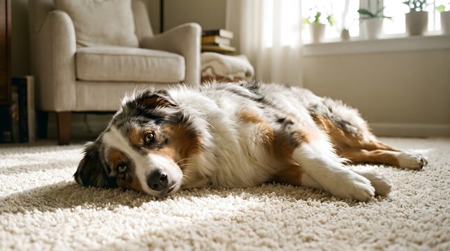 A cute australian shepherd dog lying comfortably on a soft carpet in a sunlit cozy living room