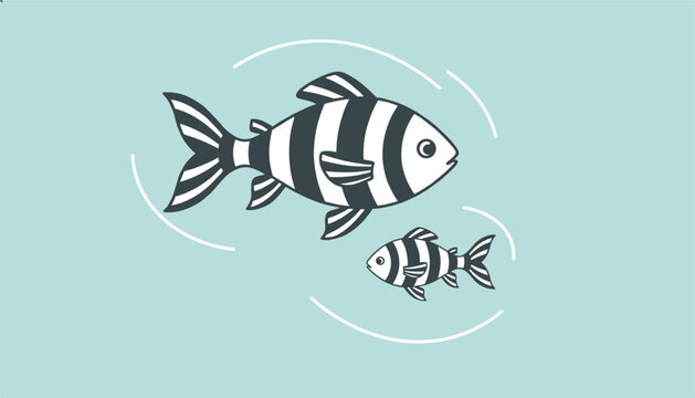Two black and white striped fish swimming in clear blue water, illustrating parent and child marine wildlife concept.