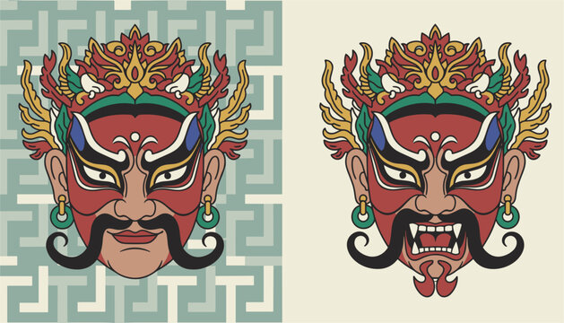 Traditional Chinese theatrical opera masks in red, green and black colors, showing two different facial expressions of characters.