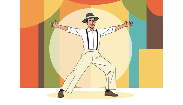 Energetic man in vintage clothes with suspenders and hat, dancing on stage under round spotlight against retro abstract background.