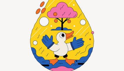 Fototapeta premium Whimsical Duck Character in Stylized Nature Scene with Droplet Shape
