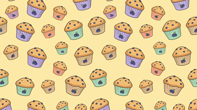 Blueberry muffin seamless pattern on yellow.