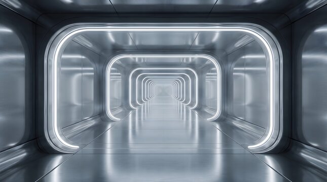 Futuristic sci fi corridor with glowing white neon lights and reflective metallic walls in a modern spaceship interior