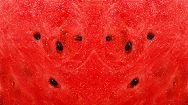 Macro texture background of fresh red watermelon pulp with glistening seeds for organic summer fruit concept.