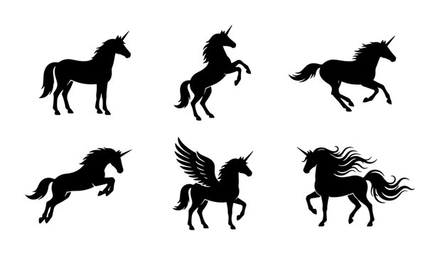 70 Six Silhouette Unicorn Vector Icons, Mythical Horse Graphics, Magical Creature Illustrations, Fantasy Animal Silhouettes, Elegant Equine Poses, Black and White Design Elements 100
