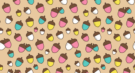 Colorful acorn seamless pattern on brown background. © gudangPIXEL