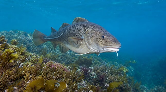 Large Atlantic cod swimming near seaweeds and rocks on a coral reef in clear blue ocean water for marine biology concept.