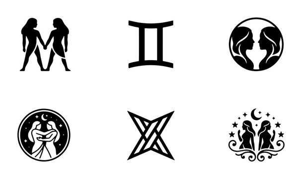70 Gemini Zodiac Constellation Icons, Astrology Symbols Set, Twin Star Sign Graphics, Celestial Horoscope Vector Graphics, Black and White 100