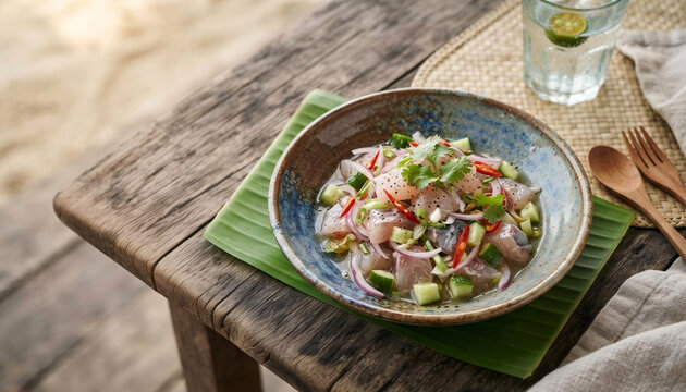 Tropical raw fish salad with cucumber, red onion, chili and herbs served in a ceramic bowl on a banana leaf beside a beach.