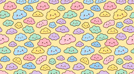 Colorful kawaii smiling clouds seamless pattern on yellow background