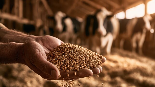 Farmer Holding Cattle Feed Grain in Hands Inside Dairy Cow Barn