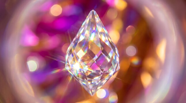 A single pear shaped diamond reflecting vibrant purple and gold light in a beautiful bokeh background