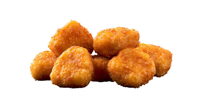 Highly realistic mac and cheese bites with crisp golden coating and creamy texture, centered snack food PNG isolated on transparent background